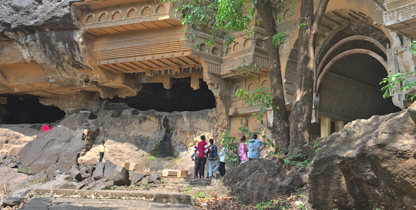 View of the ancient rock-cut Kondana Caves in Maharashtra, India