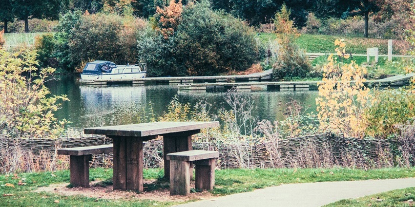 An amazing view of a park with a lake surrounded by lush green meadows in the day.