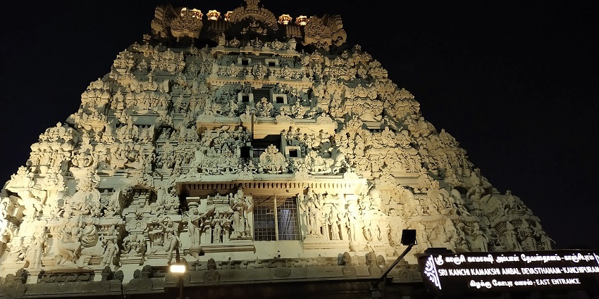 Breathtaking view at night of one of the ancient temples in Tamil Nadu.