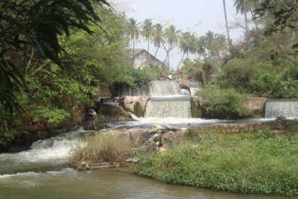 A serene view of the Kumbakarai Waterfalls, surrounded by lush greenery in Tamil Nadu