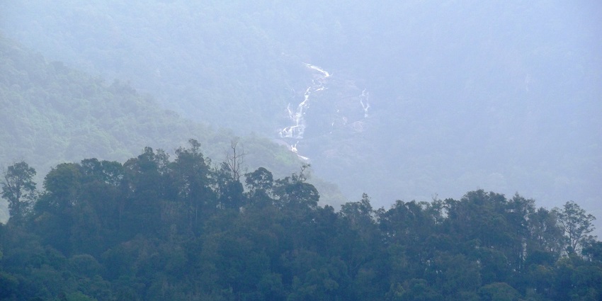 A scenic view of the Kumbakarai Waterfalls nestled in the Western Ghats.