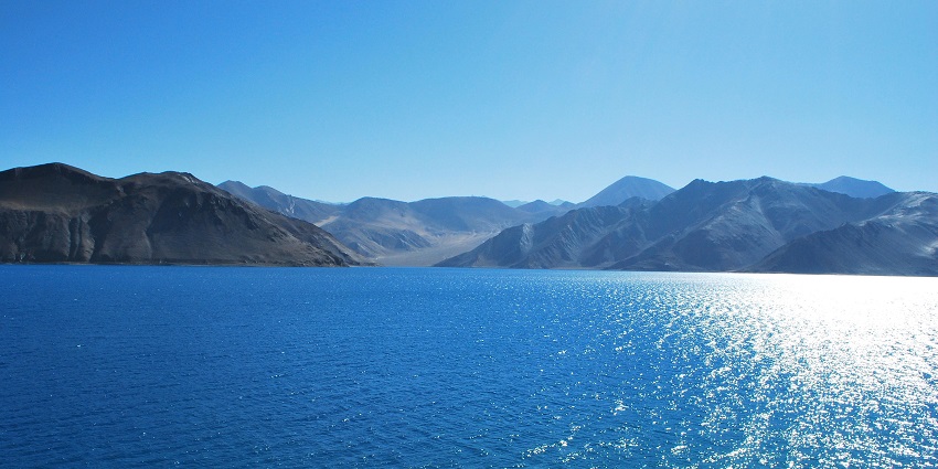 A breathtaking vista of shimmering blue lakes of Ladakh including the Pangong Lake.
