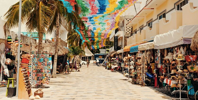 Shops selling marine-themed souvenirs like shell decorations and wooden artefacts.