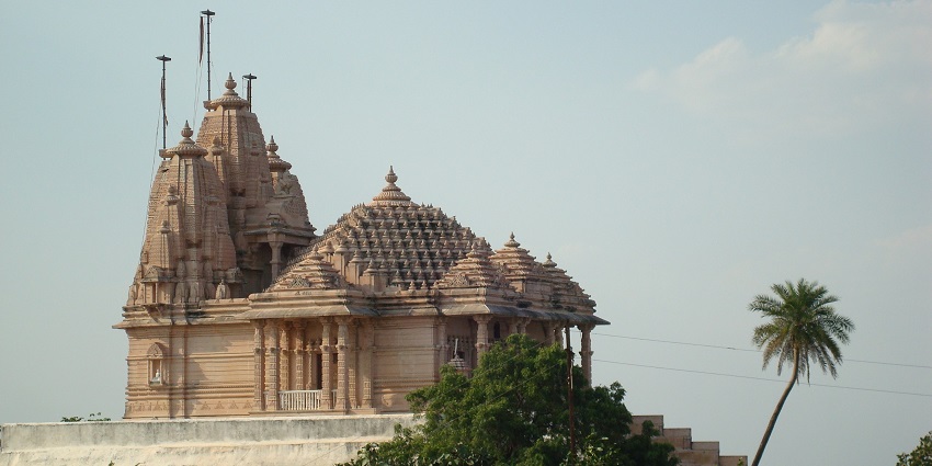 View of the Laxmi Narayan Temple, a popular temple in Bhopal, with its cream-coloured walls