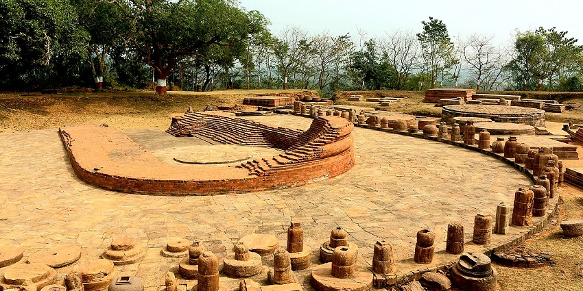 The outer view of the Chaityagriha Stupa complex made up of ancient stone carvings