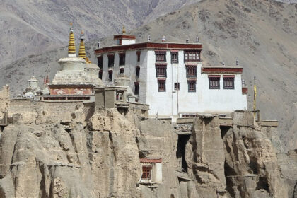 Panoramic image of the lamayuru monastery amidst the foothills of Himalayas in India