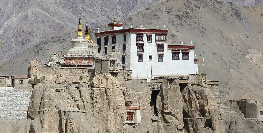 Panoramic image of the lamayuru monastery amidst the foothills of Himalayas in India