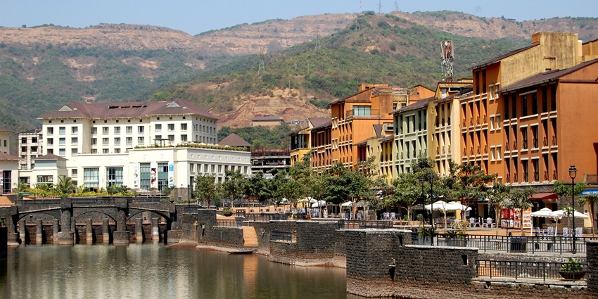 View of Lavasa City, a planned city in Maharashtra, inspired by an Italian town.