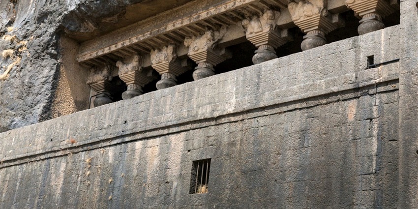 An exterior view of Lenyadri Cave, a popular destination near Manmodi Cave, showcasing rock-cut architecture.