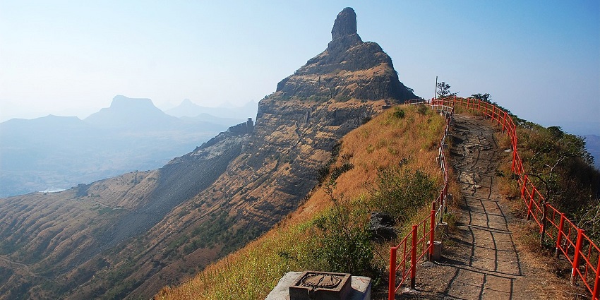 Image of Fort on hilltop in Nashik district during day time and clear blue sky, Maharashtra, India