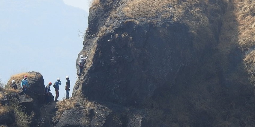 A climber scales a steep rock face surrounded by greenery under a bright blue sky.