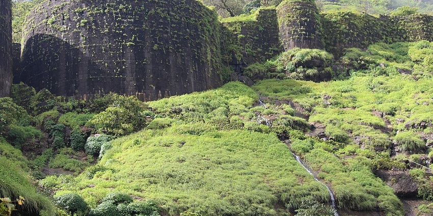 Image of ruined fort stands in lush green grass, with stone walls partially collapsed under a clear blue sky
