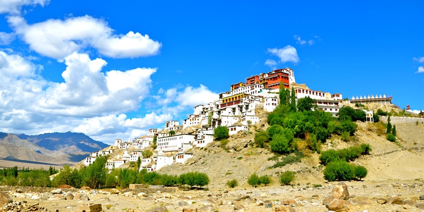Thiksey Monastery is located in Leh, Ladakh (Jammu & Kashmir).