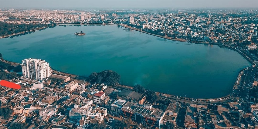 View of Kota city with Jag Mandir lake, Rajasthan.