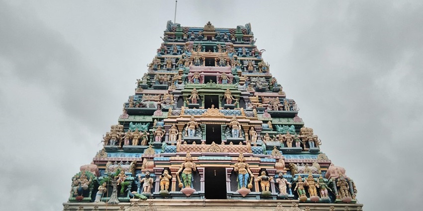 The beautiful ornate tower of the Marudhamalai Temple, Coimbatore.