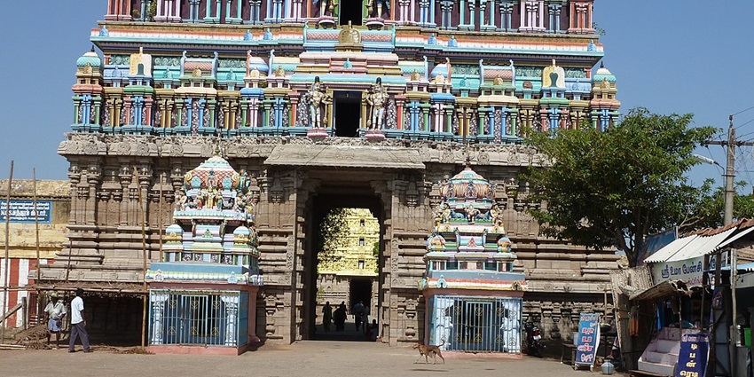 A serene view of the entrance of Uthirakosamangai Temple in The land of Tamil Nadu