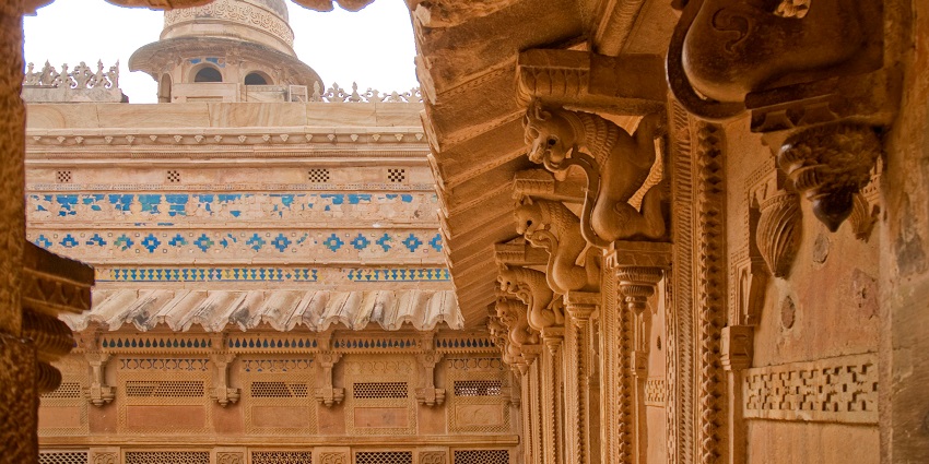 Close up view of the carvings, displaying the intricate architecture style