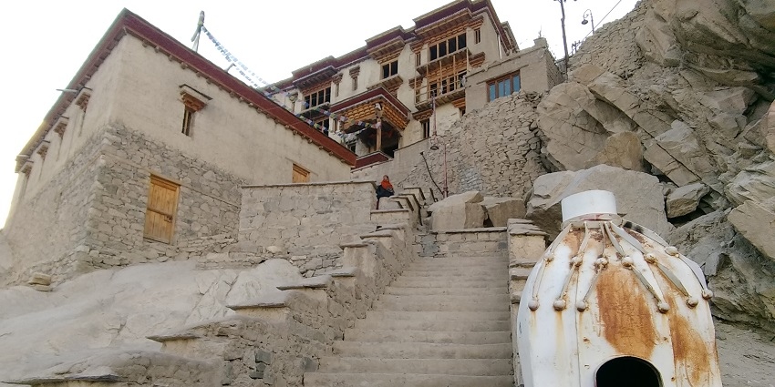 Stairs to the Shey Monastery with scenic views around.