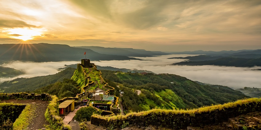 View of Pratapgad Fort, showcasing its historic architecture and surrounding landscape.