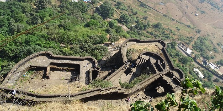 An image of a top view of Lohagad Fort showing unique architecture of Maratha Empire