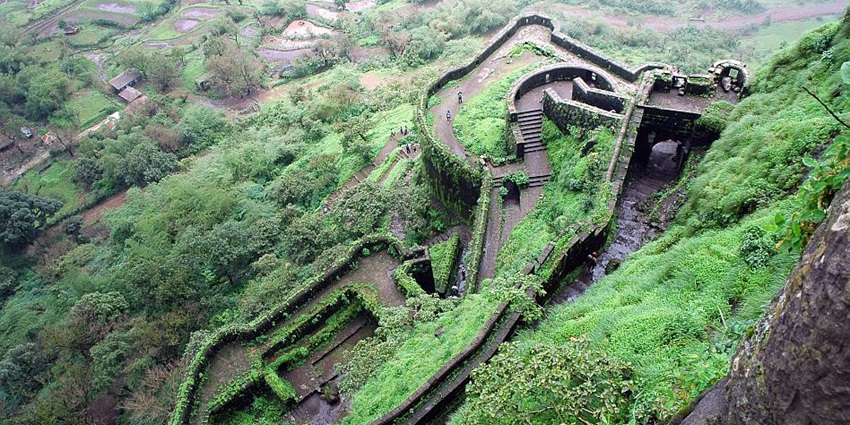 A bird’s eye view of Lohagad Fort, one of the historic places to visit near Mulshi.