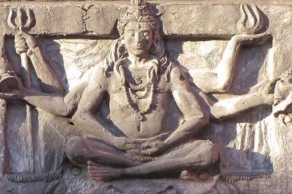 A picture of a wall sculpture of Lord Shiva outside the Loknath Temple in Haryana