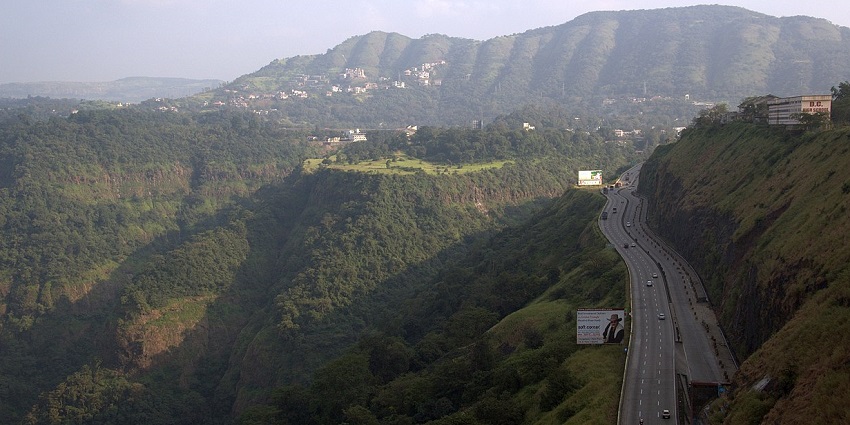 An aerial view of the Mumbai-Pune Expressway in the Western Ghats near Lonavala.