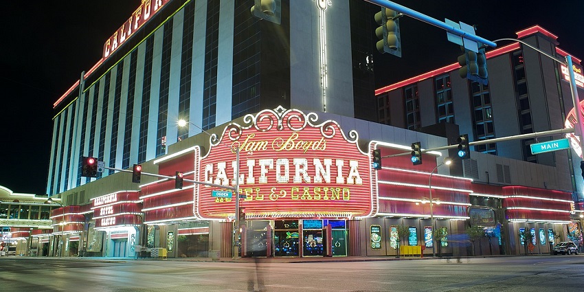 Colourful lights in front of the California Hotel and a Casino in Los Angeles