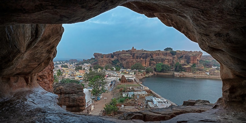 Twin shrines overlooking Badami and the serene Agastya Lake.