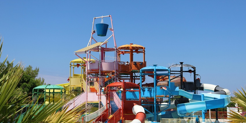 Colourful water slides at MGM Dizzee World Water Park, a famous water park in Tamil Nadu.