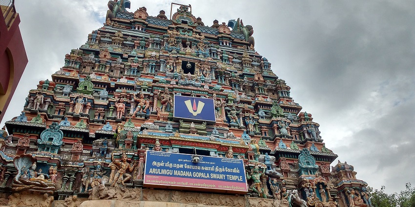 Front view of Madanagopala Swamy Temple, showcasing the detailed carvings