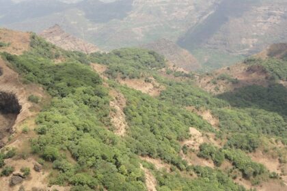 Panoramic view of Mahabaleshwar hills with green landscapes and clear skies