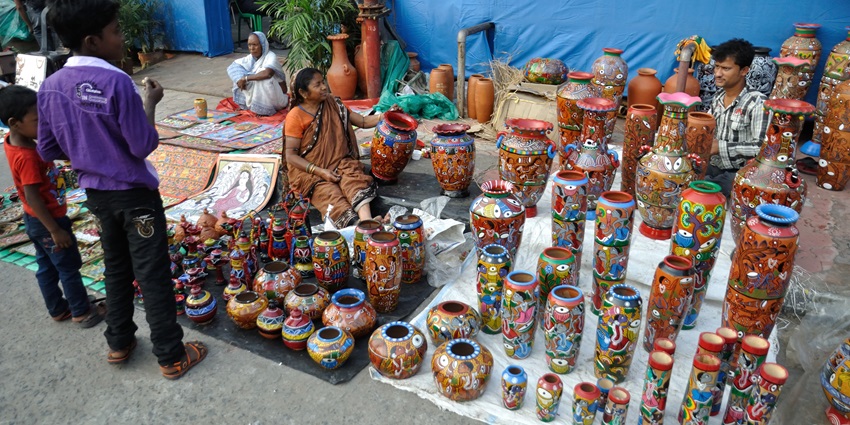 View of items in the Mahalaxmi temple market, a local shopping place in Kolhapur.