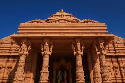 Wide angle view of the temple with the clear blue sky in the background