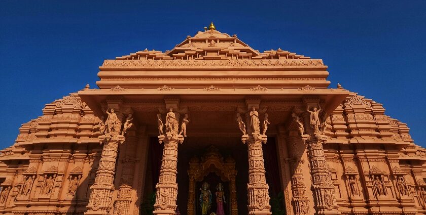 Wide angle view of the temple with the clear blue sky in the background