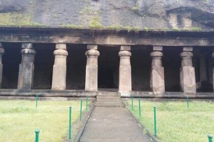 Panoramic view of the Mandapeshwar Caves showcasing ancient rock-cut architecture.