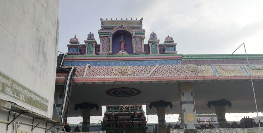 Image of main entrance of the Mangadu Temple with spiritual significant in Tamil Nadu