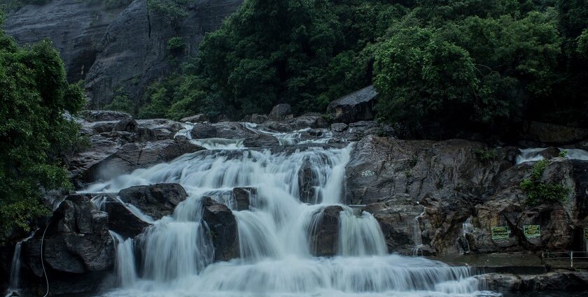 A breathtaking view of Manimuthar Waterfalls cascading down amidst lush greenery.