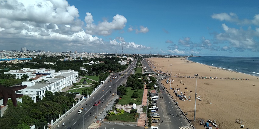 A picture of Marina Beach with its long sandy shoreline, places to visit in Chennai.