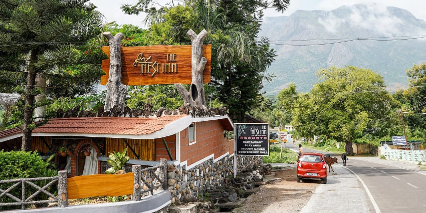An image of the Nest Inn Resort against the Nilgiris massif, Masinagudi, Tamil Nadu, India