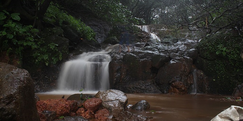 A scenic view of a waterfall flowing from rocks perched in a lush green forest in Matheran.