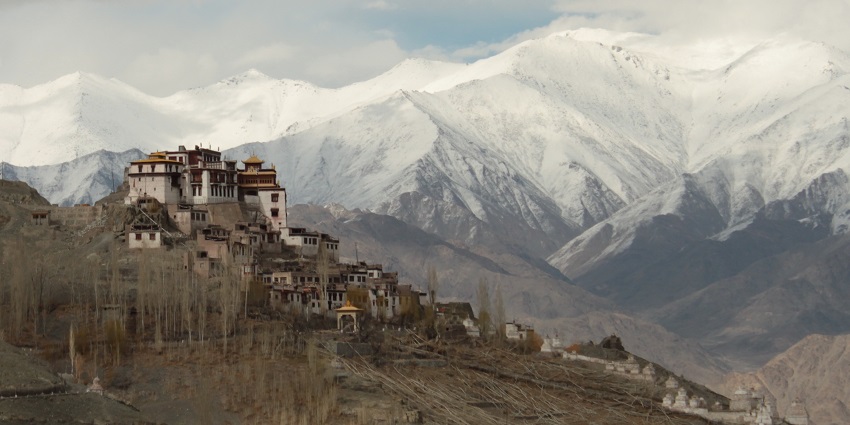 Panoramic view of the beautiful Matho Monastery with the snow laden Himalayas in Background