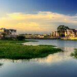 A view of sunrise over the Vaigai River in Madurai, Tamil Nadu, near Meenakshi Temple.