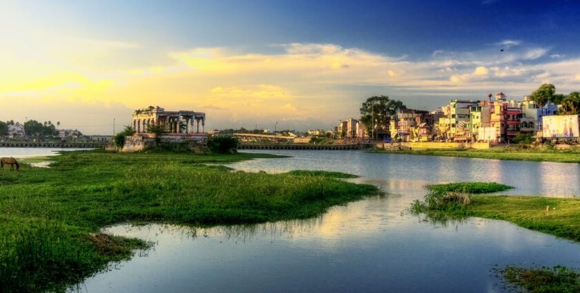 A view of sunrise over the Vaigai River in Madurai, Tamil Nadu, near Meenakshi Temple.