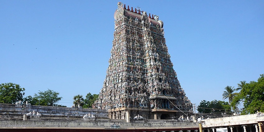 A beautiful view of the Meenakshi Temple in Madurai, showcasing its ornate towers.