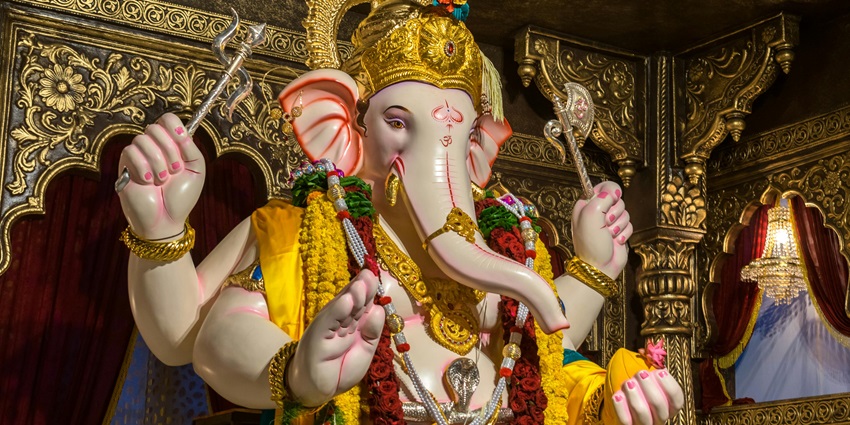 A picture of an idol of lord Ganesha taken at a temple during the Ganesh Chaturthi celebrations