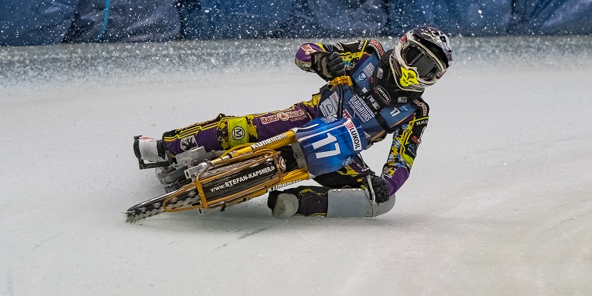 Ice speedway racers compete fiercely in a Championship event.