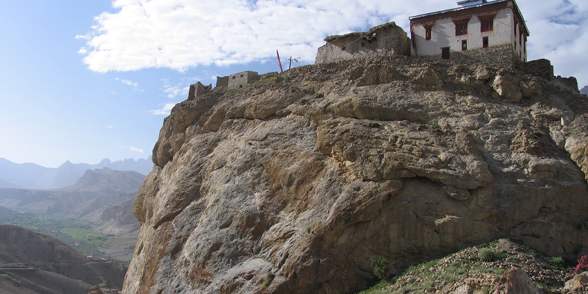  Image of Mulbekh Monastery on top of the mountain under clear blue sky