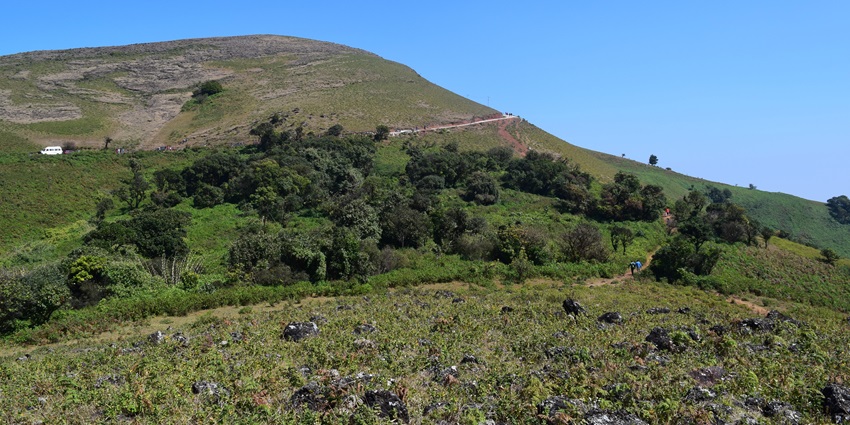 A picture of a majestic hill station covered in lush greenery with a clear blue sky over it