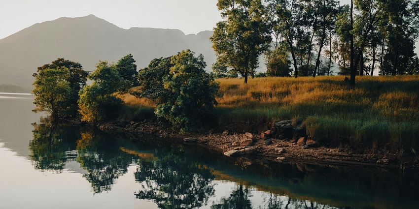 A serene view of the Mulshi Lake, one of the famous places for camping in Mulshi.